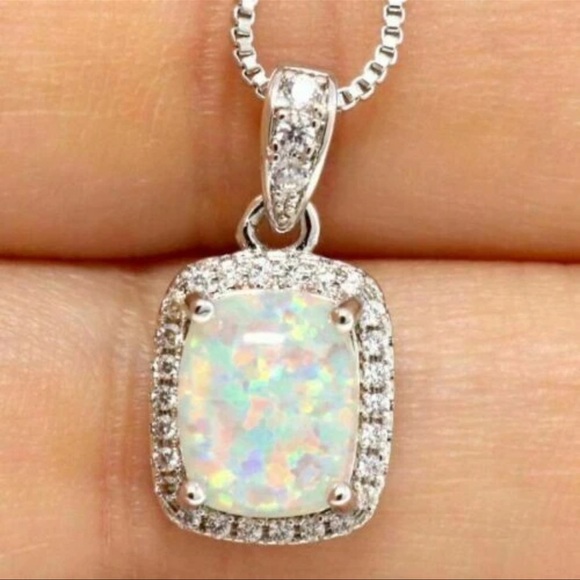 3Ct Cushion Cut Fire Opal Diamond Halo Pendant 18" Necklace Sterling Silver - Picture 4 of 10